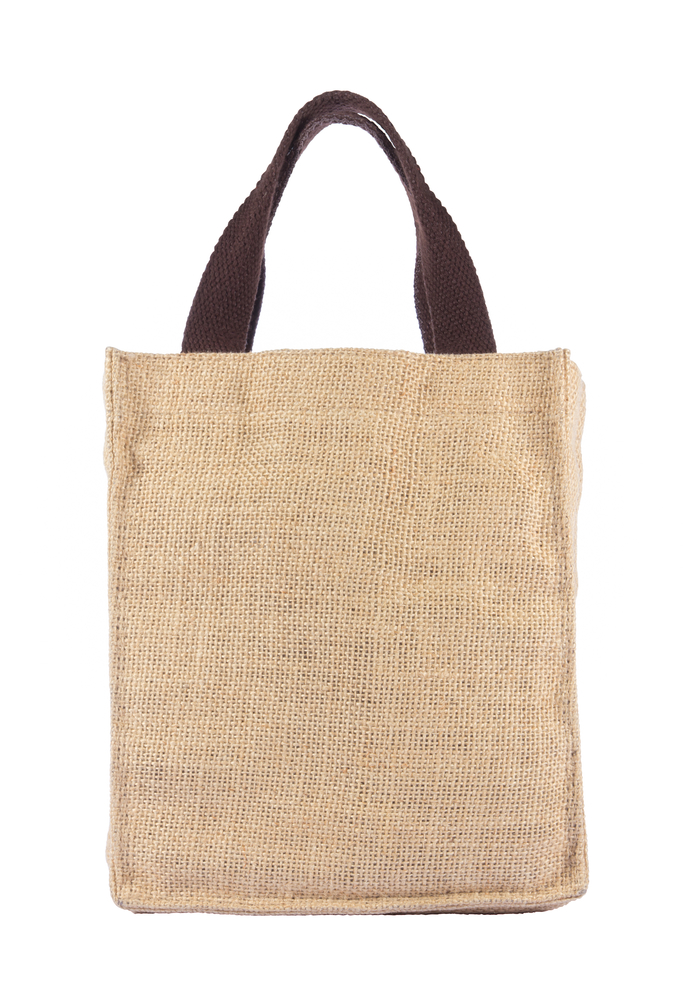 Shopping bag made out of recycled Hessian sack with forming over white background